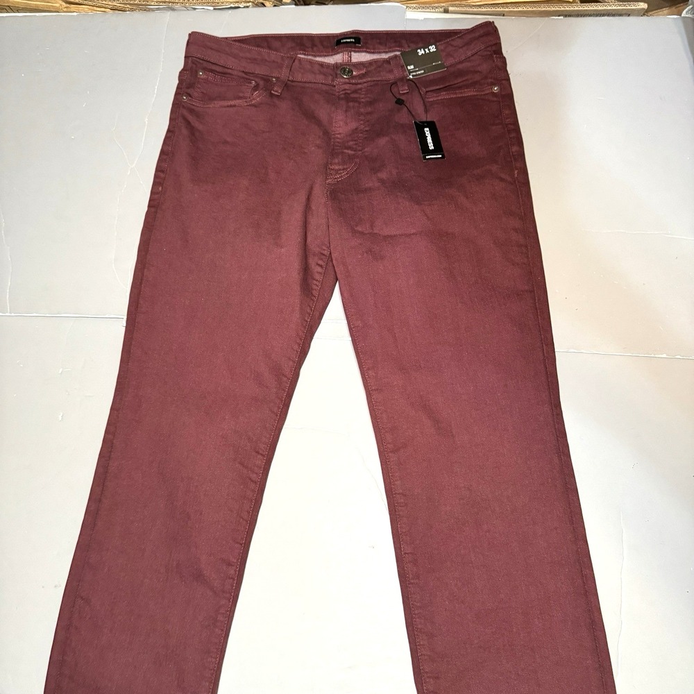 NWT Express Slim Fit Hyper Stretch Jeans Mens Burgundy Red Denim 34 32 31.5